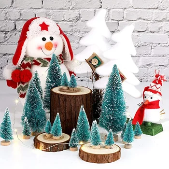 

Mini Sisal Snow Frosted Trees Pine Bottlebrush Trees with Wood Base Bottle Merry Christmas Letters for Party Christmas