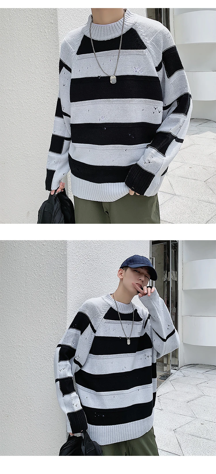 Winter New Sweater Men Fashion Thick Warm Warm Color Striped Knit Pullover Man Streetwear Wild Loose Hole Sweater Male Clothes
