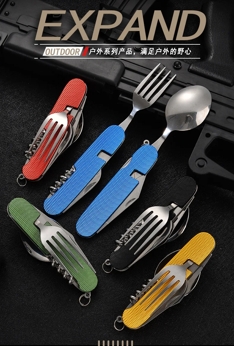 Hot sale knife and fork combination portable 6 in 1 stainless steel folding cutlery set for outdoor camping picnic travel