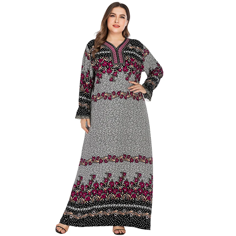 С цветочным узором в стиле ретро; обувь с Винтаж мусульманское длинное платье, Роба туника плюс Размеры Макси платье кафтан Абаи Дубай платья Хиджаб Арабский исламский Костюмы - Цвет: Серый