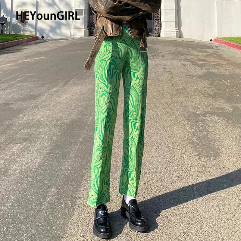 HEYounGIRL-Pantalones informales con estampado verde Vintage para mujer, pantalón elegante de cintura alta, rectos, ajustados, para correr, ropa de calle Y2K
