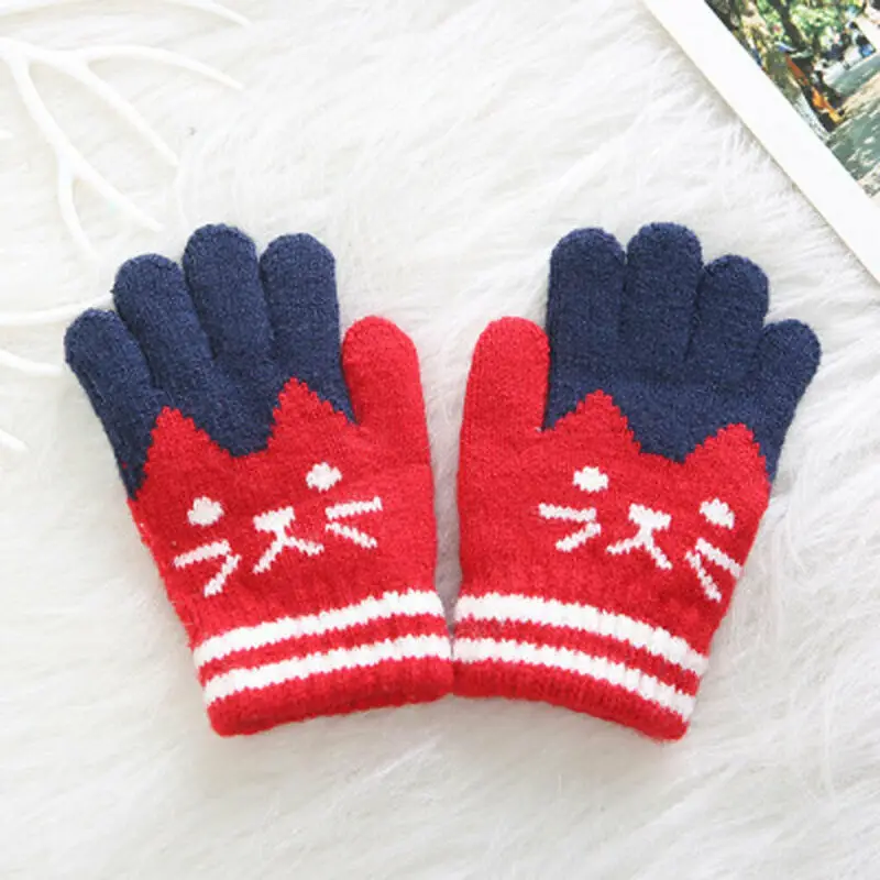Популярные зимние милые перчатки с котом для детей, теплые перчатки для мальчиков и девочек, вязаные перчатки с длинными пальцами - Цвет: A