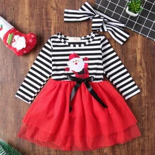 2 шт./компл. Новогоднее платье для маленьких девочек Дети; симпатичное Полосатое платье-пачка с длинными рукавами с персонажами из мультфильмов с изображением Санта-Клауса, платье с фатиновой юбкой
