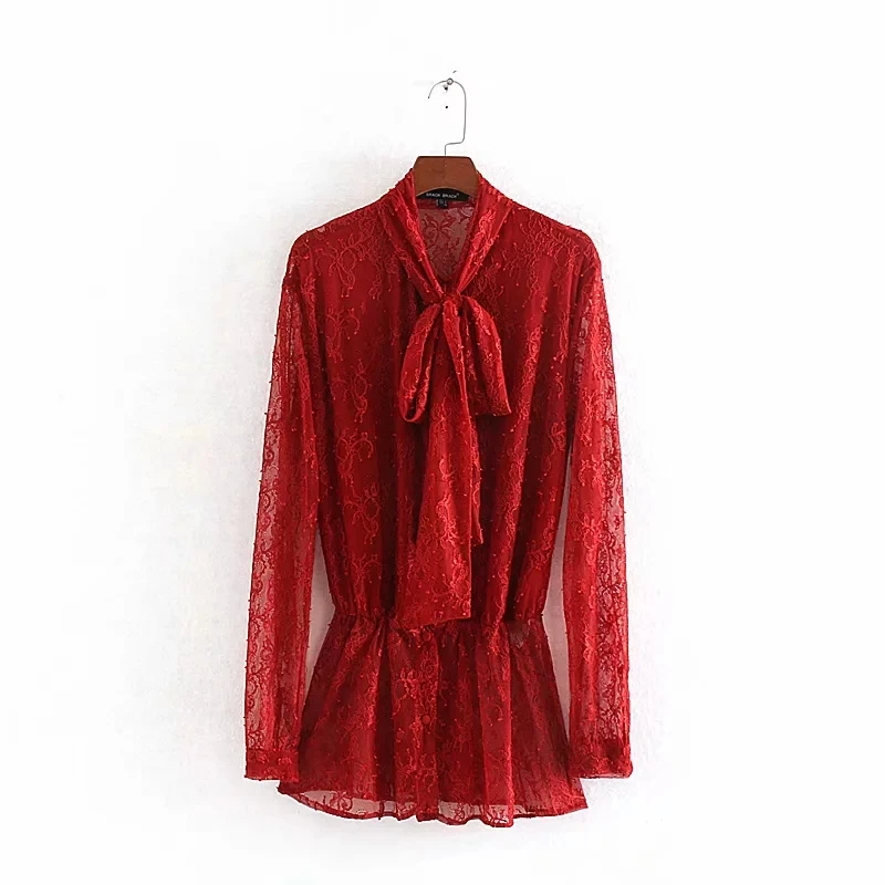 Английская офисная Дамская элегантная Кружевная блуза с бантом на воротнике mujer de moda кимоно za блузка женские топы и блузки размера плюс