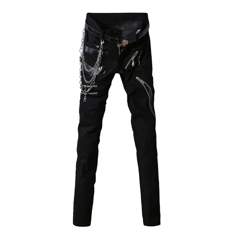 Idopy мужские джинсы в стиле хип-хоп с цепочкой из лоскутной кожи в стиле панк, готический вечерние, для сцены, с несколькими молниями, Ночные Клубные штаны для мужчин