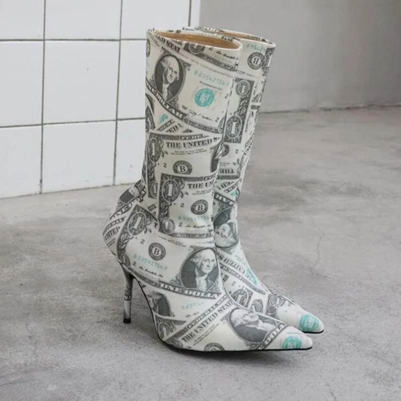 

Pointed Toe Women Boots High Thin Heel Ankle Boots Brand Designer Botas Feminina Dollars Pattern Stiletto Lady Spring Autumn