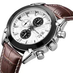 Мужские часы Кварцевые водонепроницаемые из натуральной кожи ремешок Военные часы Дата Мужские люксовый бренд Relogio Masculino