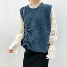 Женский вязаный свитер, жилет, весна, корейский стиль, модный пуловер на шнуровке, без рукавов, Трикотажный жилет, синий жилет, T456