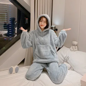 

Winter 2020 Ladies Pure Color Casual Home Furry Two-Piece Hooded Zipper Pajamas Suit Ladies Loose Fashion Home Service Suit