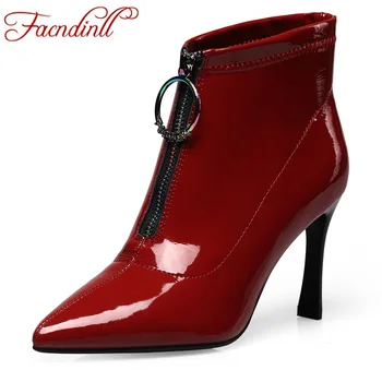 

FACNDINLL new fashion patent leather women ankle boots shoes sexy thick high heels pointed toe zip black red woman work boots