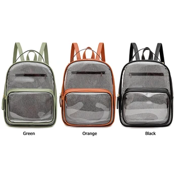 

Women Transparent PVC Backpack Classic Texture Delicate Creative Chic Stripe PU Splicing Student Travel Shoulder Bag