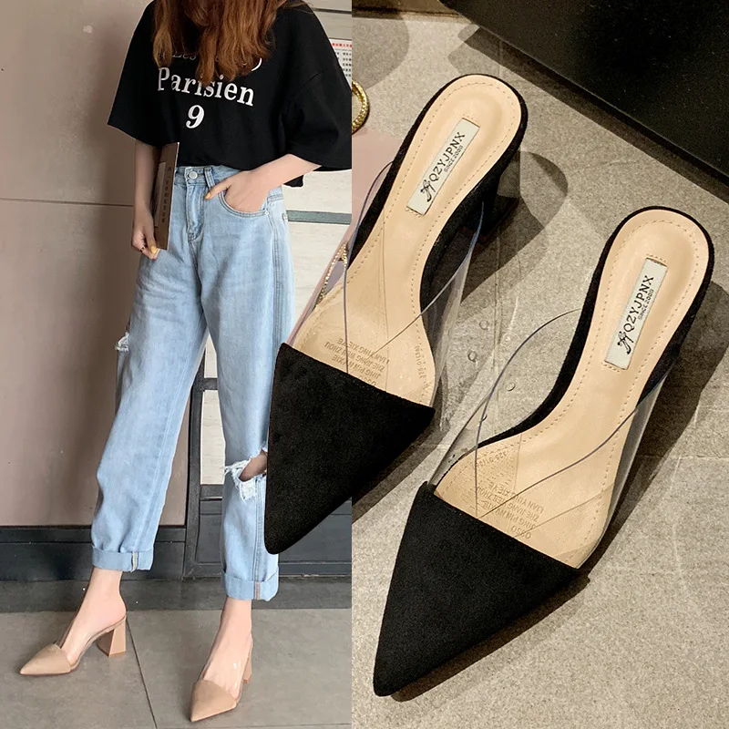 

2019 Spring And Summer Chunky-Heel Closed-toe Slipper Women's Suede Transparent Retro Slipper Women's Semi-high Heeled Mixed Col