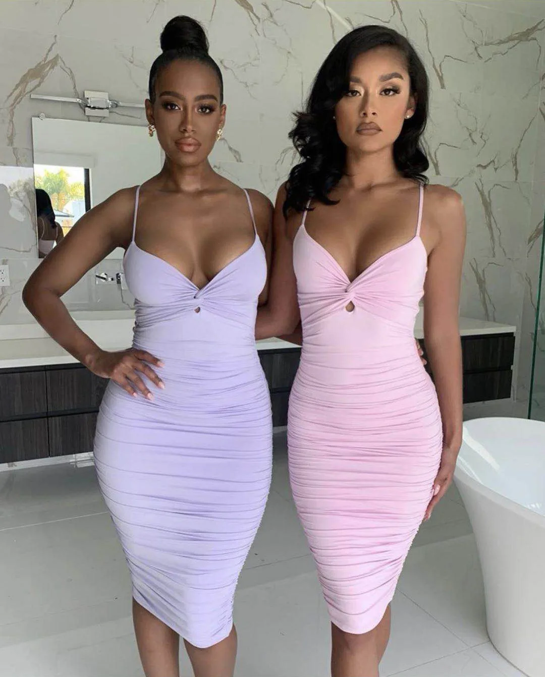 pink ruched midi dress