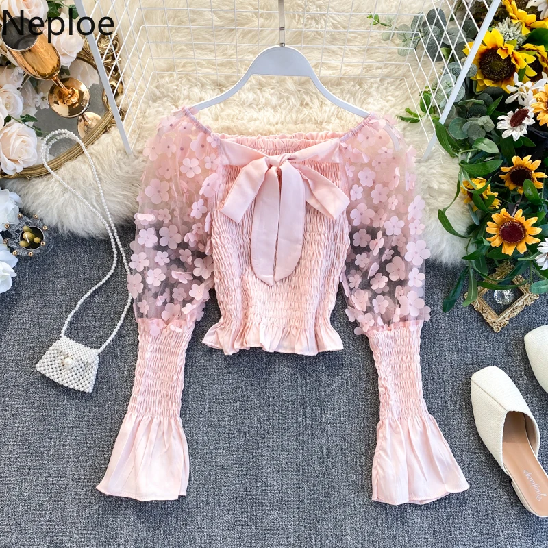 Neploe французский суд стиль сетки лоскутное аппликации Blusas Slash средства ухода за кожей Шеи с открытыми плечами плиссированная блузка расклешенная с длинным рукавом Тонкий Shirt48459