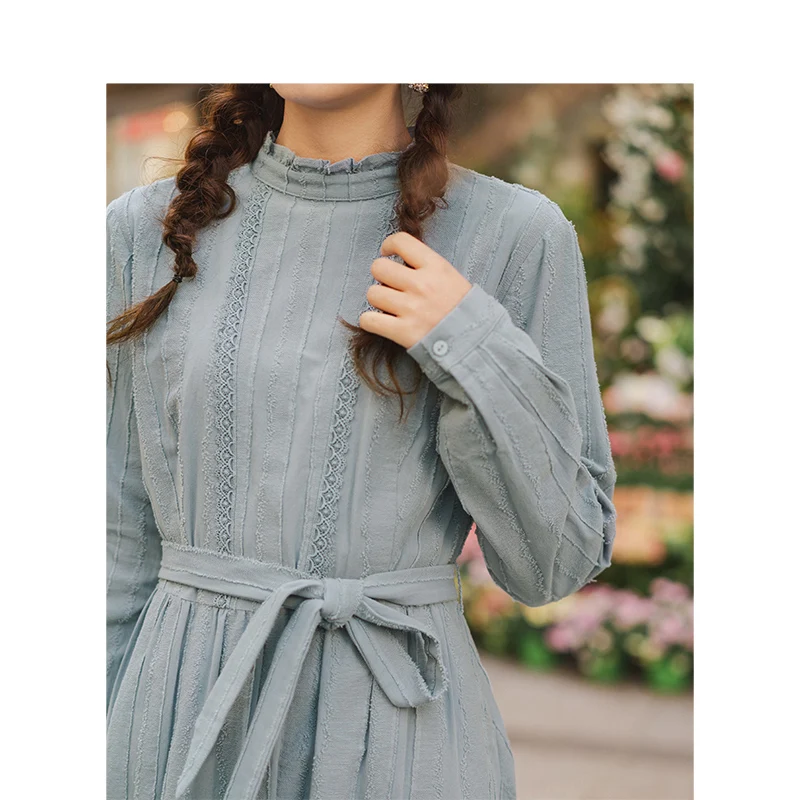 INMAN Spring Autumn Retro Lace Stand up Collar Jacquard Cotton Defined Waist A-line Solid Romantic 