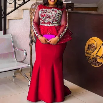 

4XL 5XL Plus Size Mermaid Evening Party Dress 2020 Long Mesh Long Sleeve Peplum Ruffles Vestidos Africa Women Maxi Dress Elegant