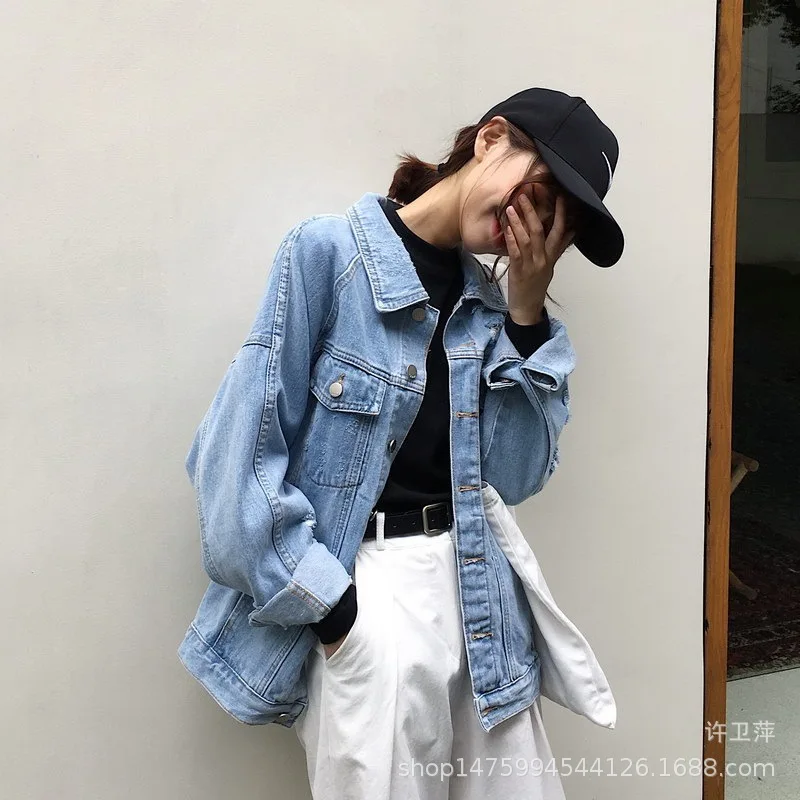 

2019 Spring And Autumn New Style Hong Kong Flavor Streetwear with Holes Jeans Coat Korean-style Loose-Fit Slimming Back Lettered