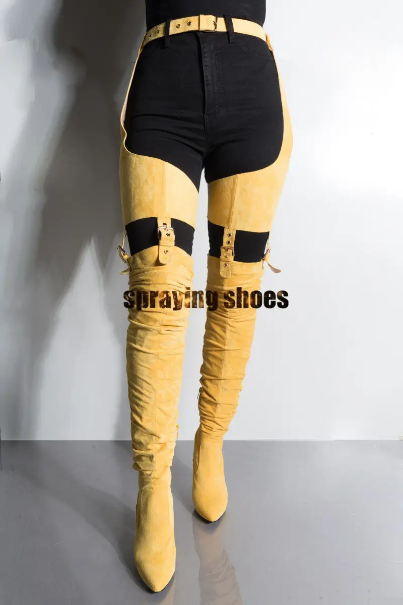 Wild Sexy Belted Thigh High Boots Women Chunky Heels Pointy Toe Winter Boots Red Fashion Ladies Shoes Chap Boots Woman