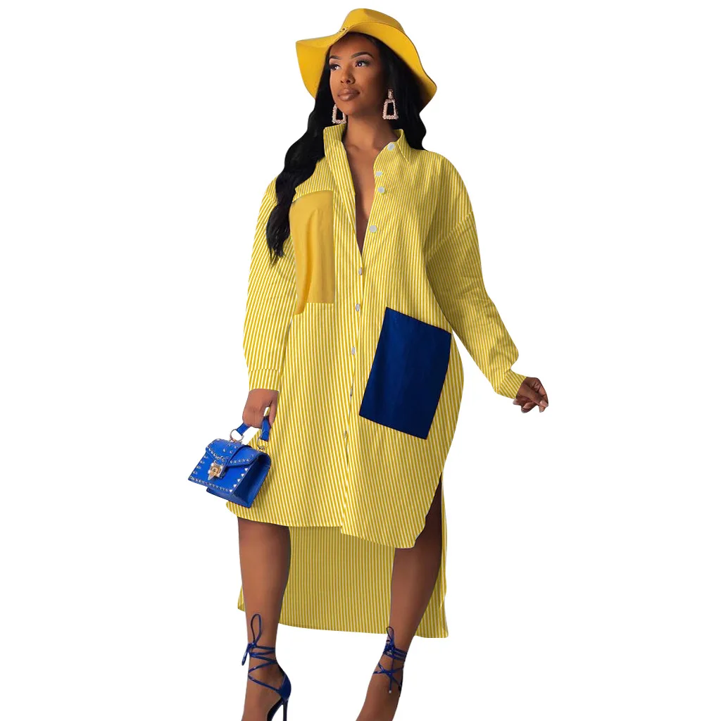 Новые женские элегантные блузки с карманами и принтом пейсли, асимметричное макси платье, уличная одежда с длинным рукавом, платья-рубашки, Vestido GL3849 - Цвет: Цвет: желтый