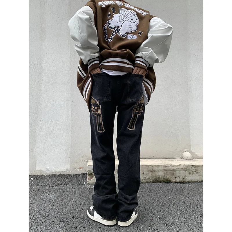 ICCLEK American Street Casual Pants Hip-hop Embroidery Pistol Jeans Men's Loose Straight High Waist Casual Trousers