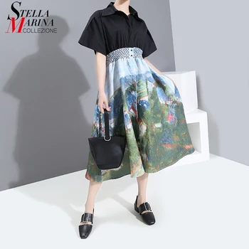 

New 2020 Korean Style Summer Black Shirt Dress Printed A-Line Elastic Waist Knee Length Lady Casual Sweet Dress Robe Femme 6054