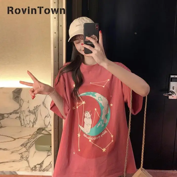 Летняя свободная футболка в Корейском стиле с принтом Белая Красная Луна