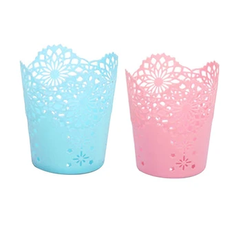 

2 Pcs Pen Holder Round Plastic Brush Pencil Storage Organiser Wastebasket Lace Hollow Desk Tidy Pot(Blue) & (Pink)