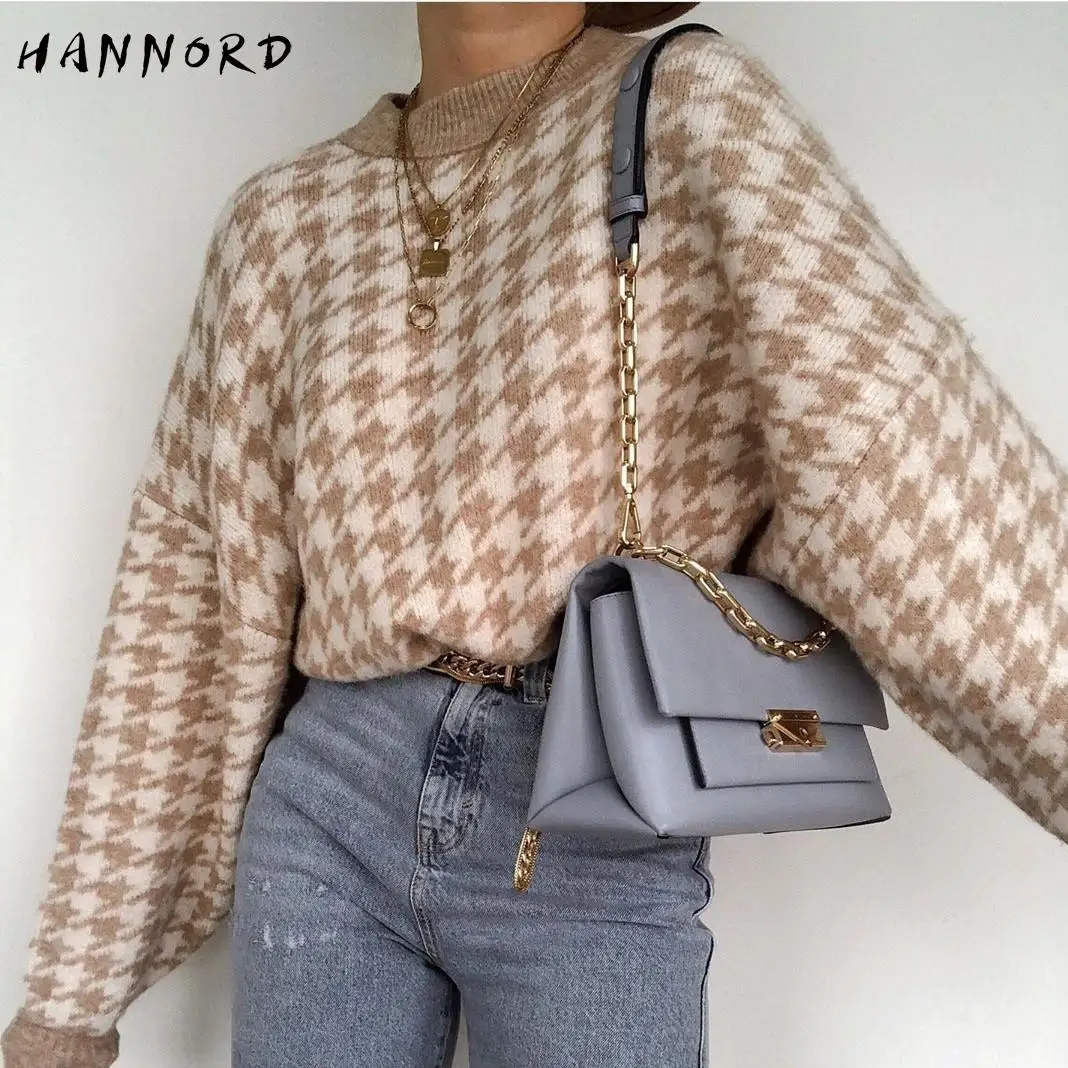 

Women Houndstooth Pullover Sweater Casual Geometric Knitted Lady Vintage Sweater Autumn Winter Retro Classical Jumper for Female