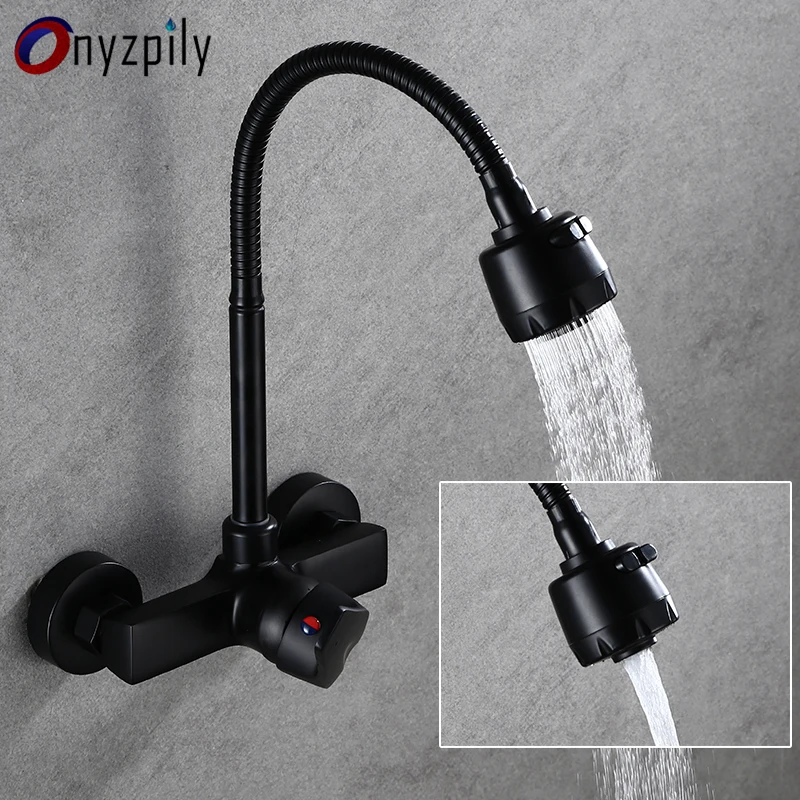 Onyzpily Black Brushed Kitchen Faucet Flexible Hose Wall Mounted 2 Models Hot&Cold Water Sink Faucet 360 Rotation Sprayer Taps