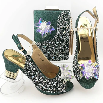 

Elegant Nigeria Party Shoes and Bag Matching Set Green Color Shoes and Bag Set High Heel -8CM D200505-3