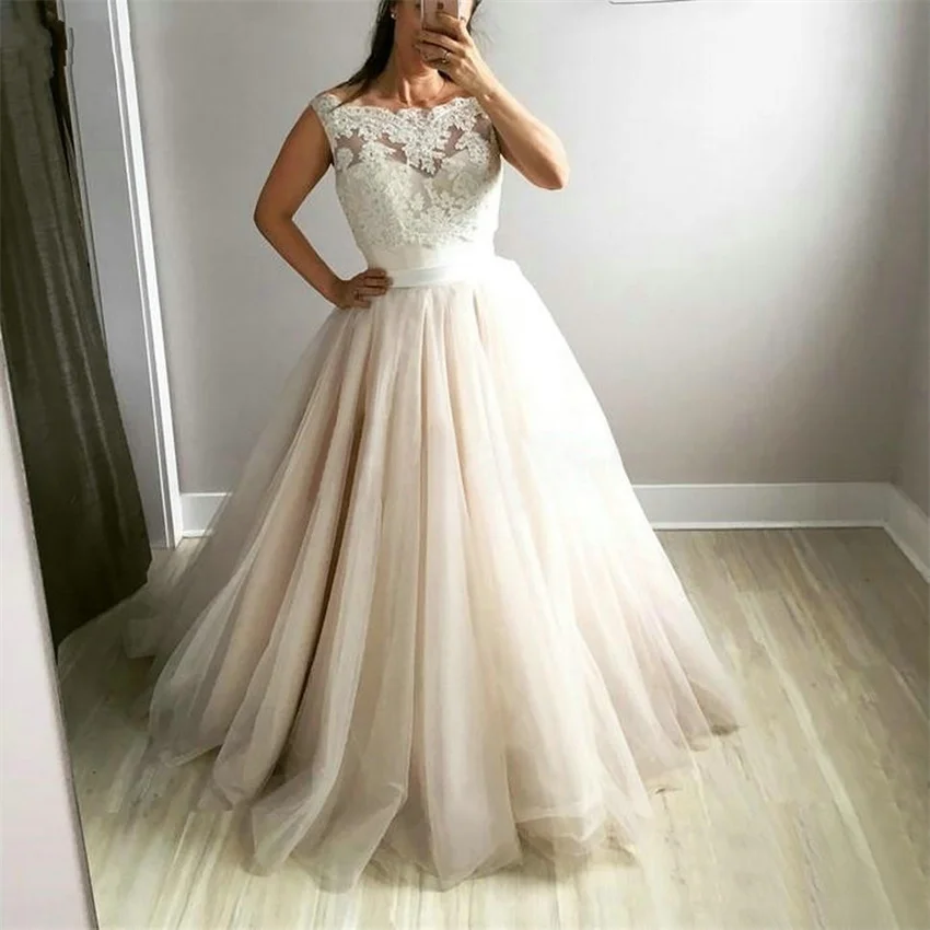 E-JUE-SHUNG-Modern-A-Line-Boho-Wedding-Dress-Scoop-Neck-Tulle-Wedding-Bridal-Gowns-Lace