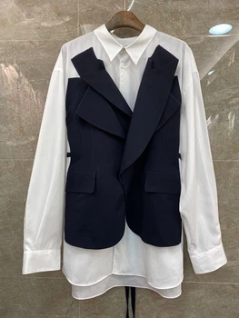 

2020 Spring and Summer New Women's Lapel Men's Color Block Splicing Mock Two-Piece Decoration Long Sleeve Wild Shirt 417