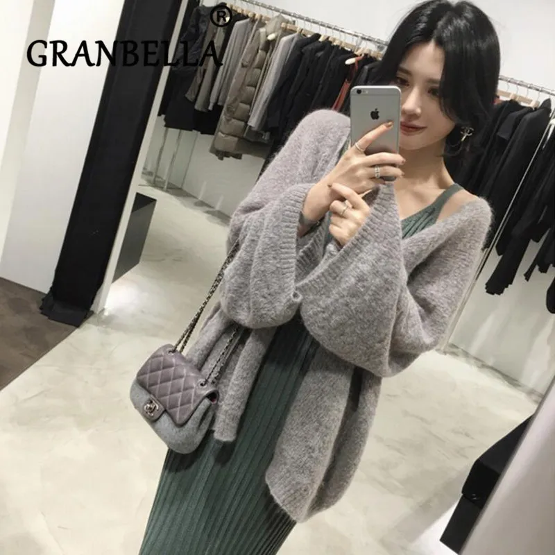 

Spring Loose Lazy Wind Long Sleeve Plush Cardigan Blouse V-neck Knit Casual Simple Solid Color Women Sweater
