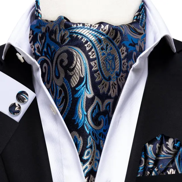 Hi-Tie Silk Men's Ascot Tie Pocket Square Cufflinks Set Cravat Ascots Scrunch Self British Style Gentleman Dress Scarves Party AS-1045