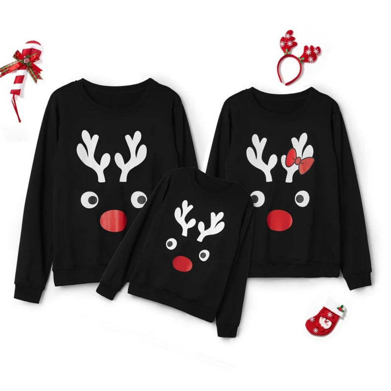 LOOZYKIT New Family Matching Children Clothing Christmas Sweaters Deer Print Family Parent-child Suit Printing Cotton Sweater - Цвет: styleA black