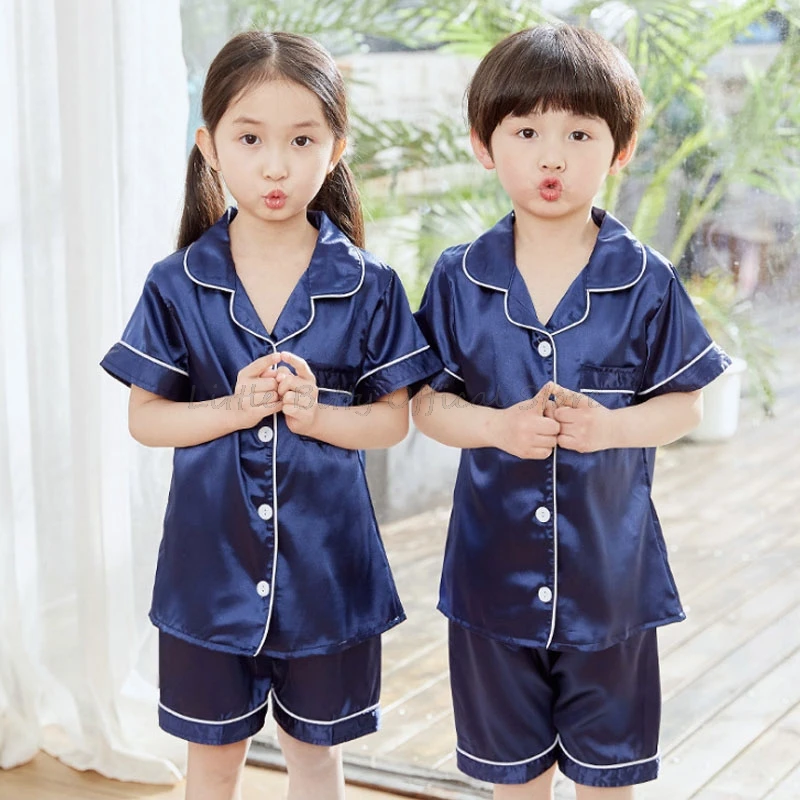 Cotton Pajamas Set Summer Short Sleeve Pink Satin Silk Pajama Sets Toddler Girls Clothing Sets Sleepwear Kids Girl Pijama for 2-14Years