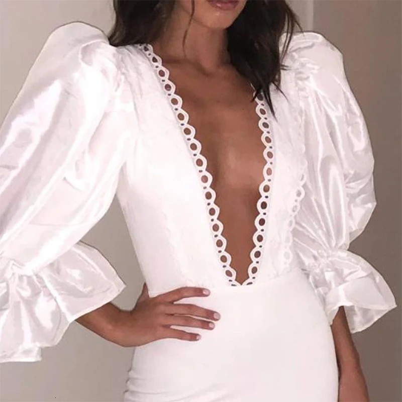 COSYGAL Hollow Out Low Cut Sexy White Dresses Bodycon Night Party Dress Club Long Sleeve Autumn Winter Dress Women Vestidos