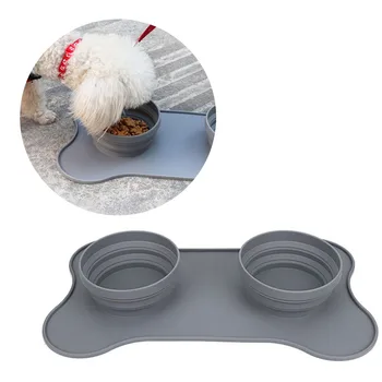 

Waterproof Foldable Pet Dog Cat Double Bowls with Place Mat Portable Silicone Pet Feeder Water Bowl Easy Washing Pet Supplies