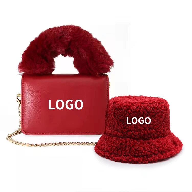 New NY York  Matching Fur Purse and Hat Set Bucket Hat Winter Bulk Hair Warm Women Purses and Hand Bag 