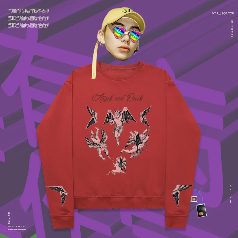 Sweatershirts spoof hophip versatile classic popular Cartoon Print Fun stitching angel with wings retro oversize Unisex coat - Цвет: red