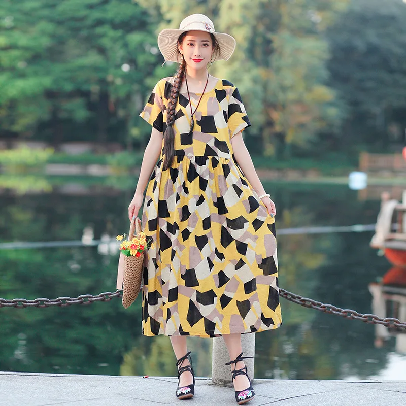 

2019 Summer New Style Retro National Wind Loose Short Sleeve WOMEN'S Dress Cotton Linen Printed Medium-length Dress