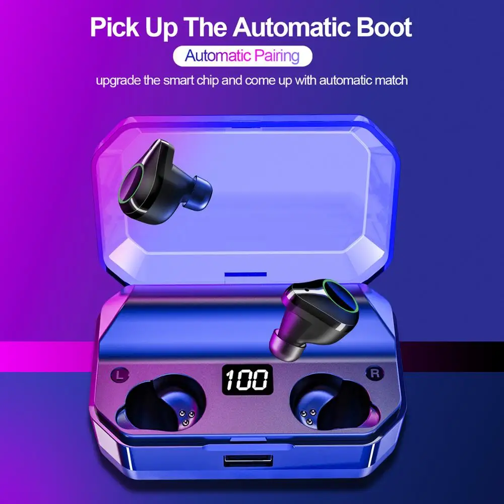 JEELOCK Bluetooth 5.0 Wireless Earphone 9D Stereo Sound Touch Control IPX7 Waterproof with 7000mAh LED Smart Power Charging Box