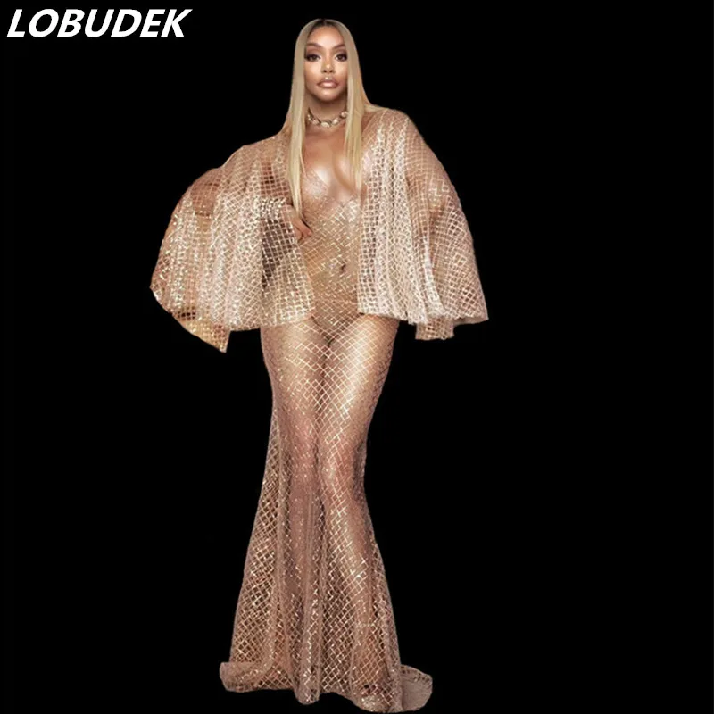 

White Mesh Perspective Sequins Dress Models Catwalk Dresses Nightclub Prom Singer Dancer Host Stage Sexy See-through Long Dress