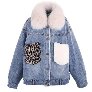 

Women Leopard Patchwork Jean Jacket Turn-Down Collar Female Boyfriend Bomber Denim Coat Fur Collar Basic Ladies Top