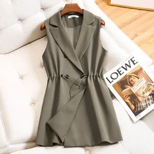 

Drawstring Loose Double Breasted Sleeveless Blazers Coats WOmen's Formal Vintage Vests Outwears Office V-neck Waistcoat Blazer