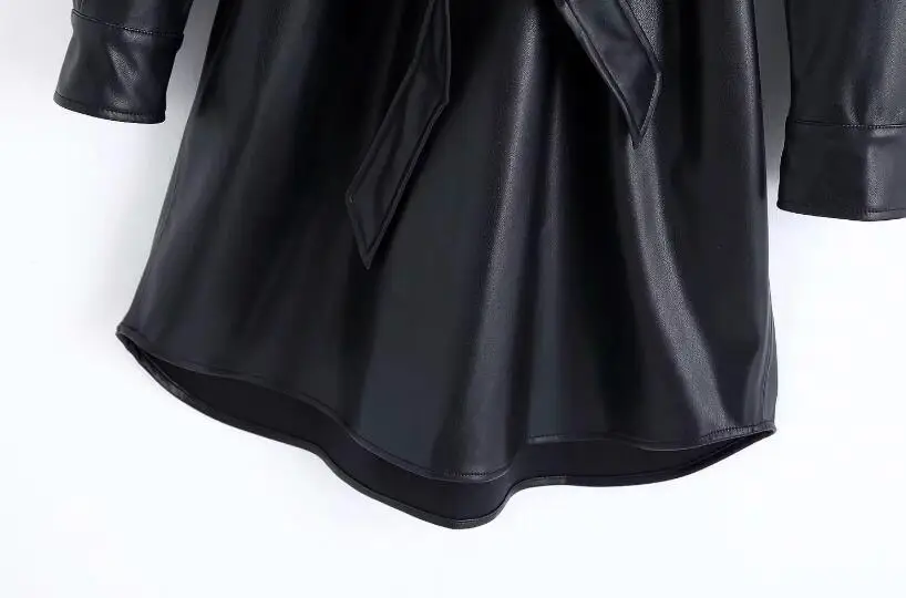 Черное Кожаное Платье-рубашка зимнее платье женское с длинным рукавом на шнуровке Vestidos европейская уличная одежда