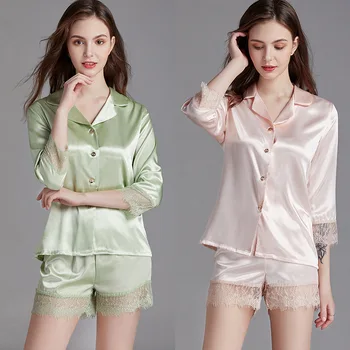 

Thin Ice Silk Pajamas In The Summer with Pure Color Silk Lace Ms Long Suit Temperament Sexy Leisurewear Pajama Set Women