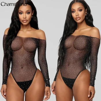 

Sexy See Through Jumpsuit Lingerie Women Black Lace Fishnet Rhinestone Lingerie Bodysuit Off-Shouder Jumpsuit Combinaison Femme