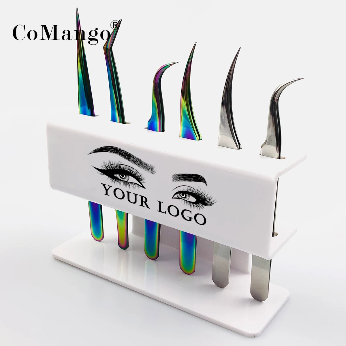 CoMango Acrylic Eyelash Tweezers Display Holder Custom Private Logo Rack 6 Holes Black Acrylic Eye-lash Extension Tools