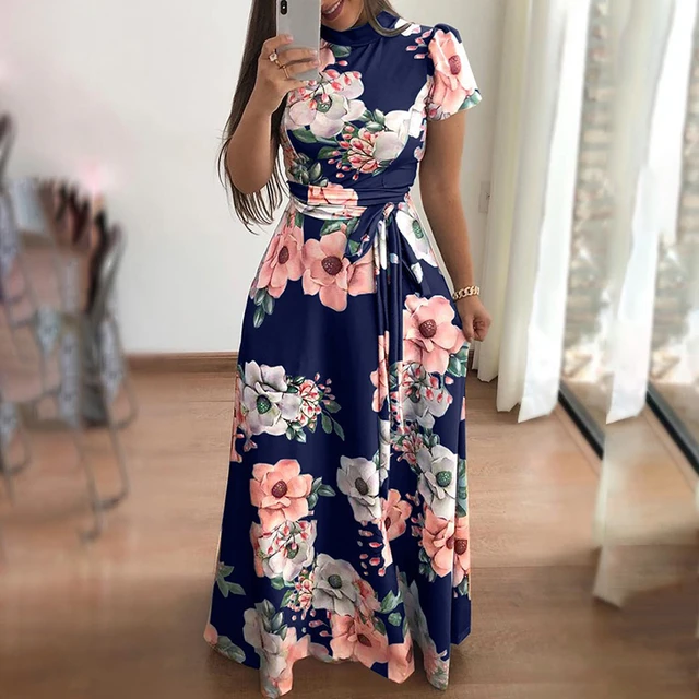 Mujeres verano otoño vestido largo 2019 vestido estampado Floral Casual manga vendaje vestido de Vestidos - AliExpress